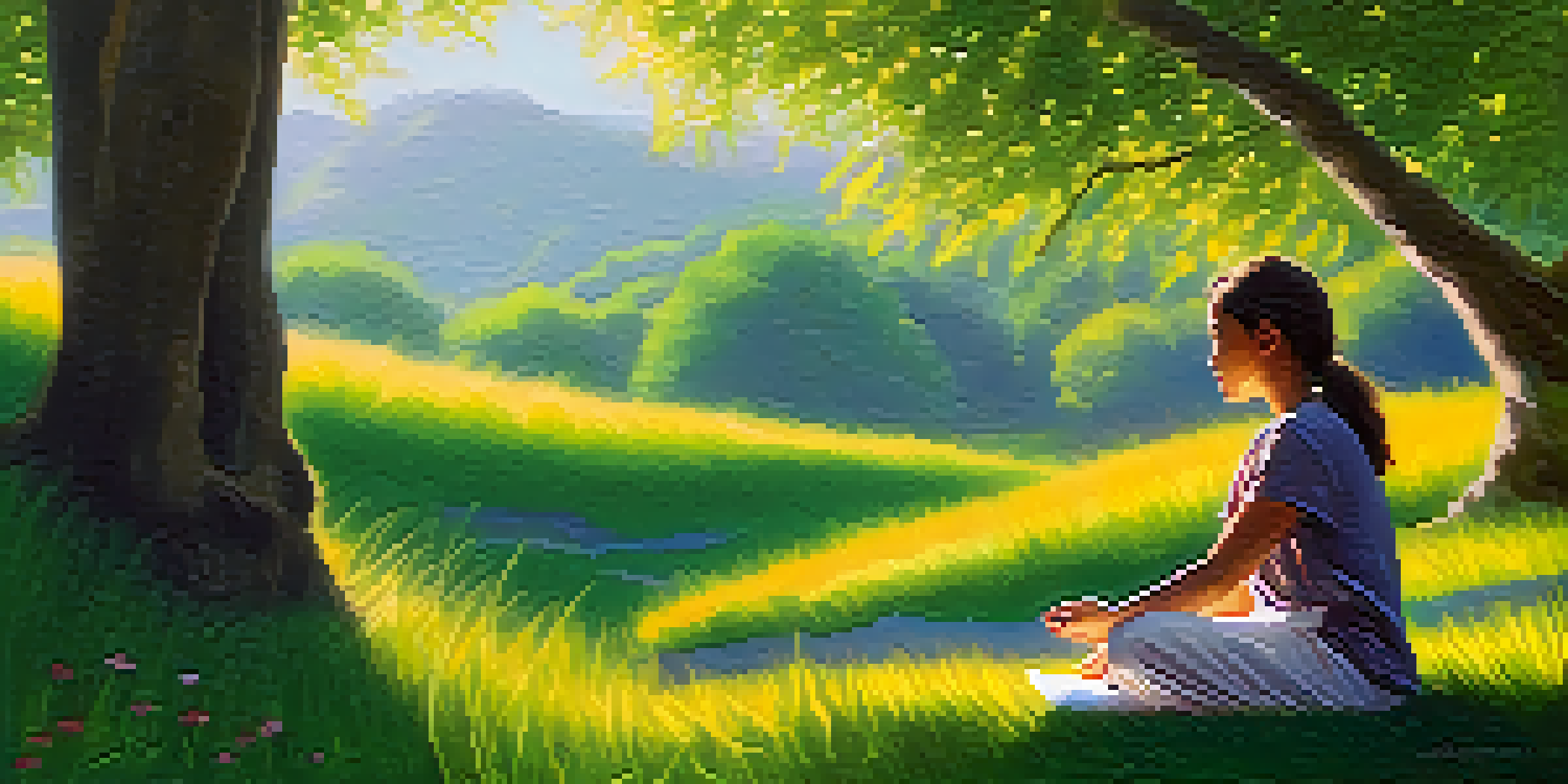 A person sitting cross-legged on a blanket in a green park, practicing mindfulness with flowers and trees around them.