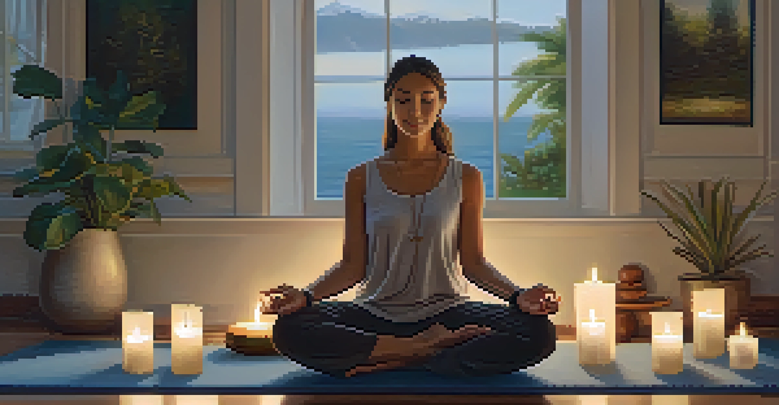 A serene individual practicing self-compassion sitting on a yoga mat with a peaceful expression.