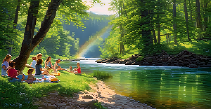 A peaceful river scene with a forest and people having a picnic, surrounded by blooming wildflowers and sunlight.