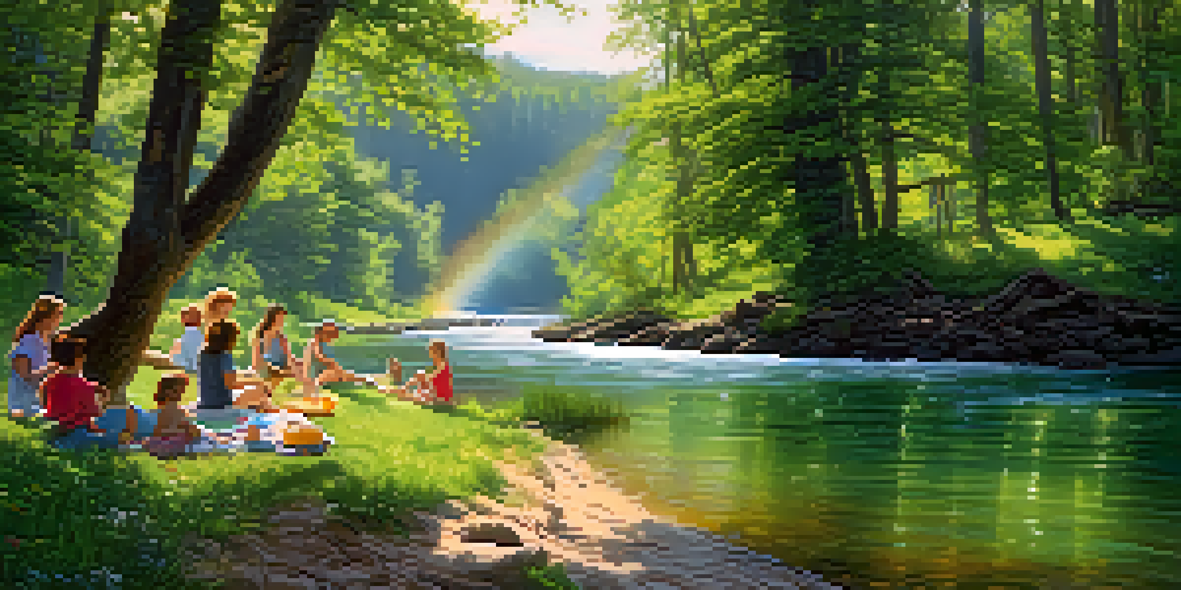 A peaceful river scene with a forest and people having a picnic, surrounded by blooming wildflowers and sunlight.