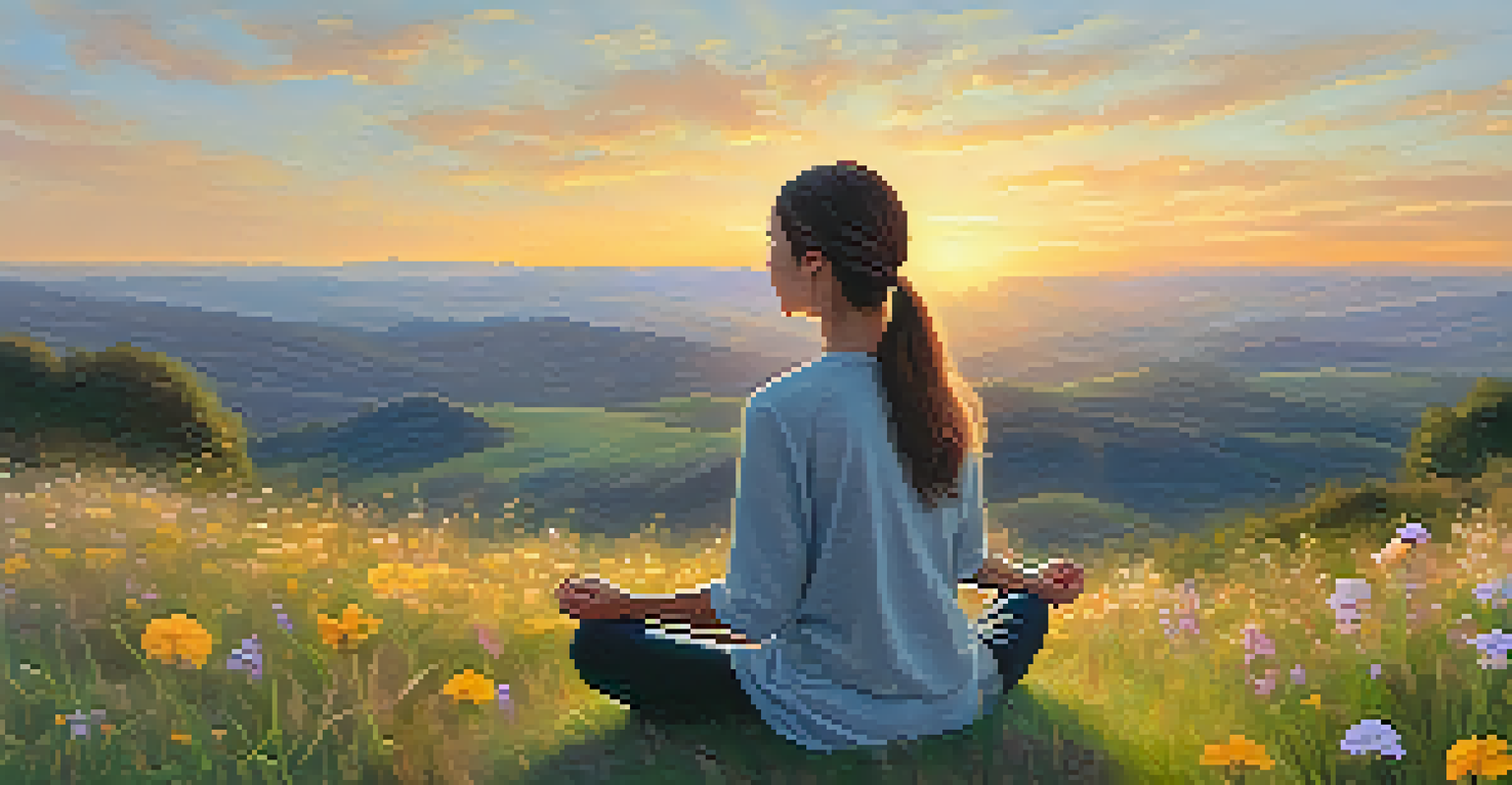 A person meditating on a grassy hill surrounded by wildflowers during a sunset.