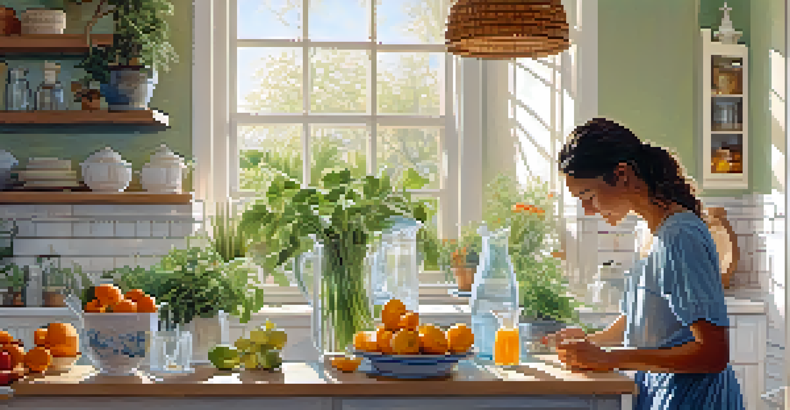 A person pouring water into a glass in a bright kitchen filled with plants and sunlight, highlighting hydration.