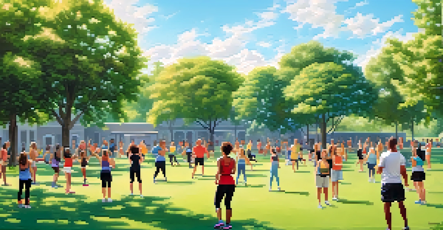 A diverse group of friends participating in a fitness class in a community park.
