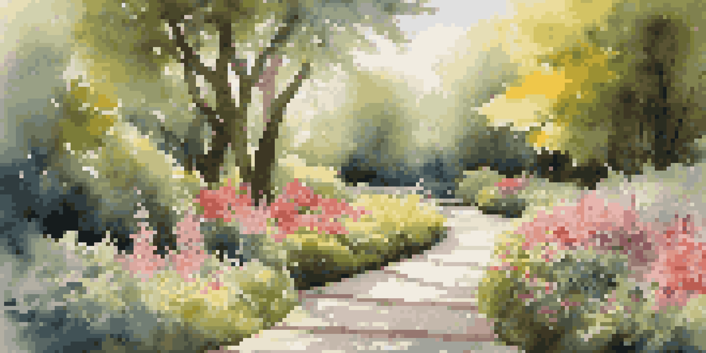 A peaceful garden with colorful flowers, a winding path, and sunlight filtering through the trees.