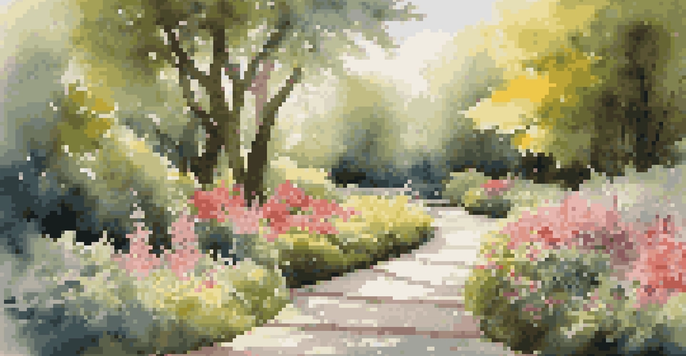 A peaceful garden with colorful flowers, a winding path, and sunlight filtering through the trees.