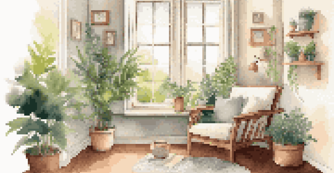 A cozy mindfulness space with an armchair, cushions, plants, candles, and a cup of tea, illuminated by soft natural light.