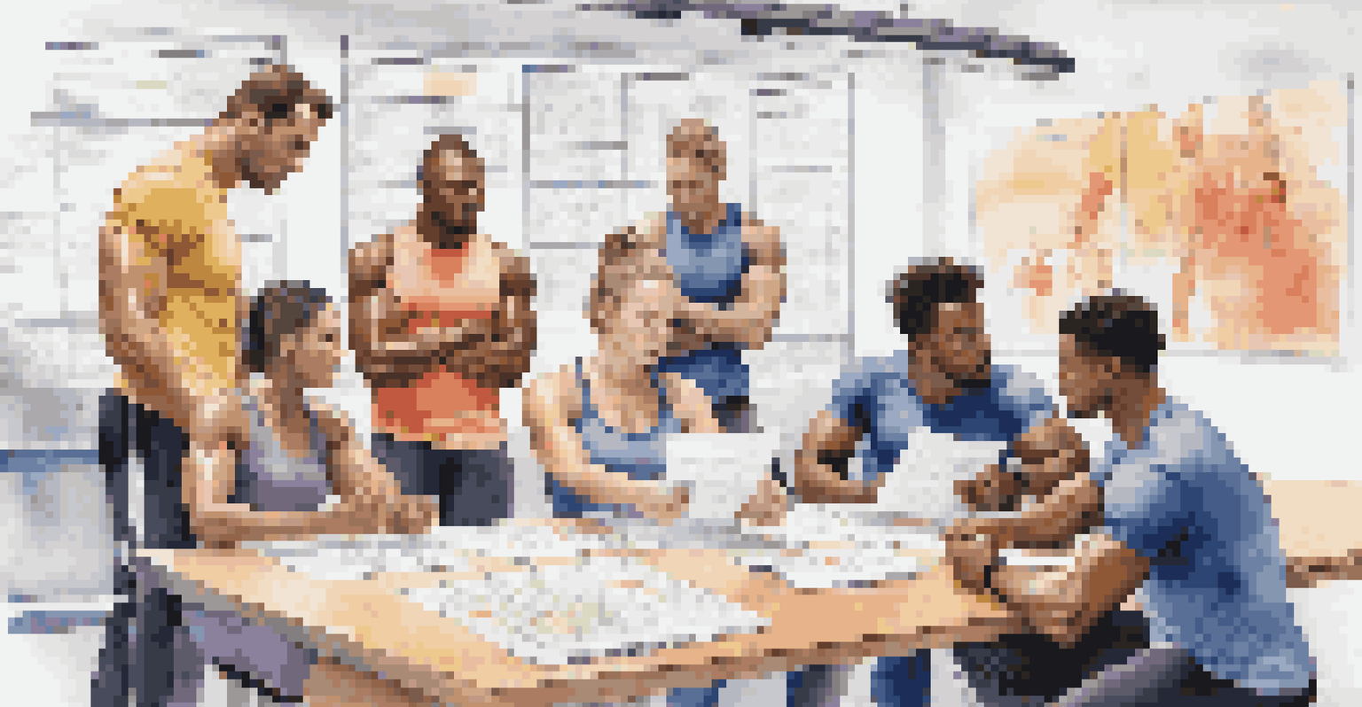 A diverse group of athletes discussing their fitness assessment results at a table in a brightly lit team room, with charts and motivational posters.