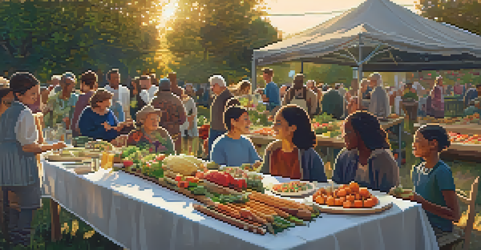 A lively harvest festival in a community garden with people enjoying food and sharing stories at a table filled with fresh produce and flowers, all under warm evening light.