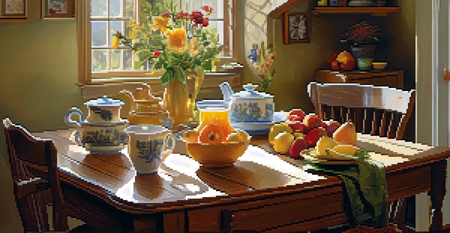 A cozy kitchen table set with fruits, flowers, and tea, illuminated by sunlight, representing warmth and nurturing relationships.