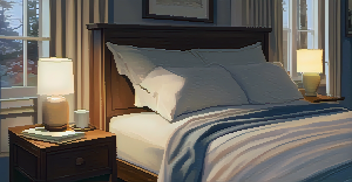 A cozy bedroom with a made bed, warm lighting, books, and tea on the nightstand, ideal for relaxation.