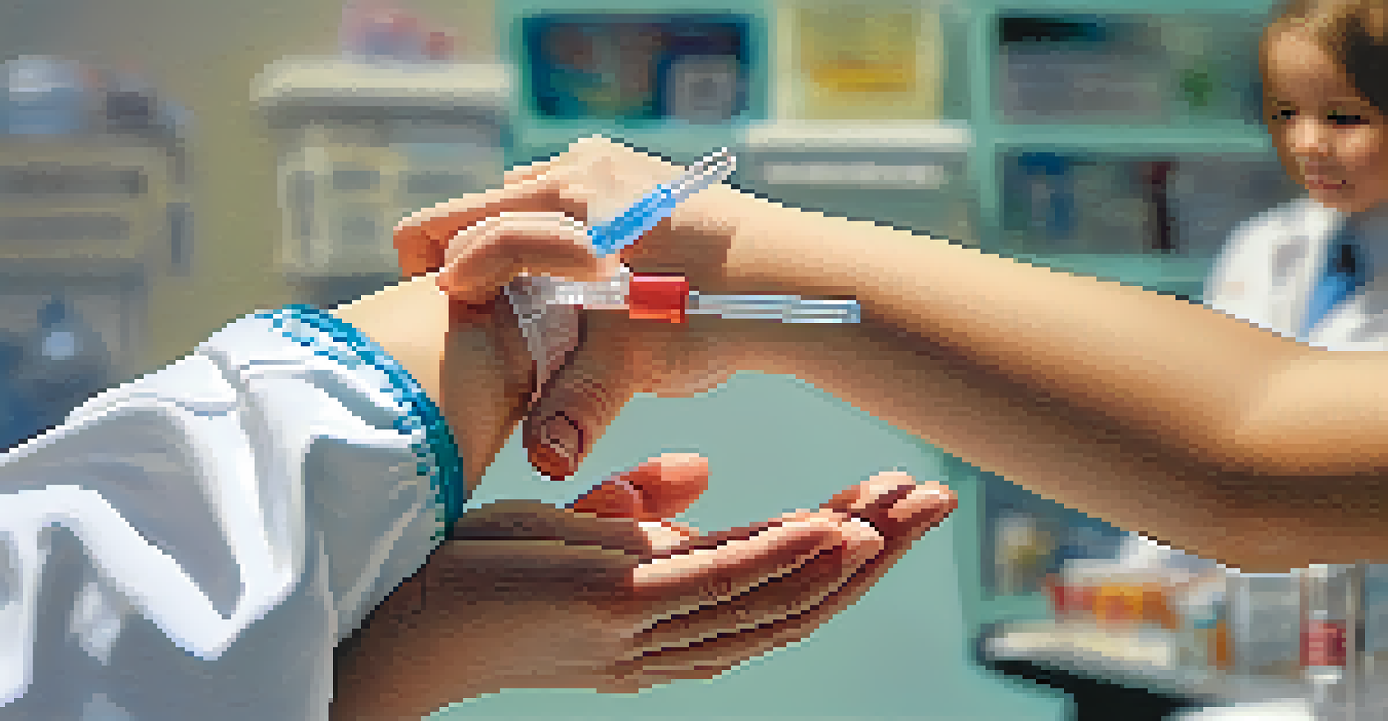 A close-up of a doctor administering a vaccine to a child in a clinical setting, with the child showing curiosity and a parent offering support.