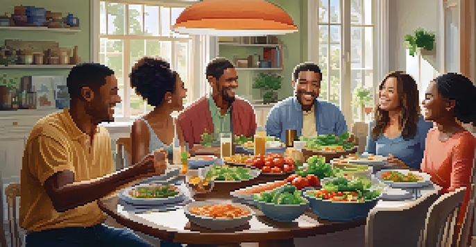A family gathered around a table filled with healthy foods, engaged in conversation and laughter in a well-lit room.