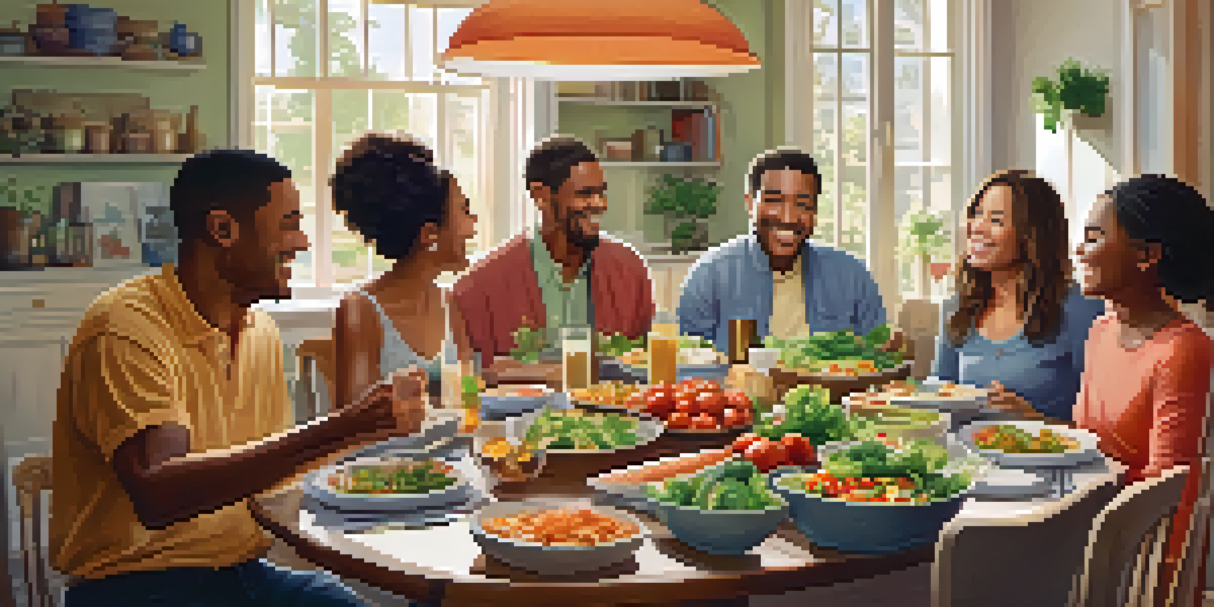 A family gathered around a table filled with healthy foods, engaged in conversation and laughter in a well-lit room.
