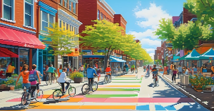 A lively city street filled with people walking and biking, with trees and shops in the background under a bright sun.