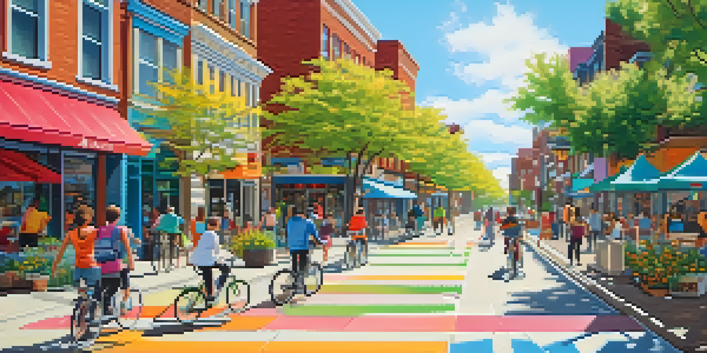 A lively city street filled with people walking and biking, with trees and shops in the background under a bright sun.