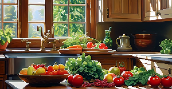 A colorful array of fruits and vegetables on a countertop, with sunlight streaming in from a window, creating a warm and inviting kitchen scene.