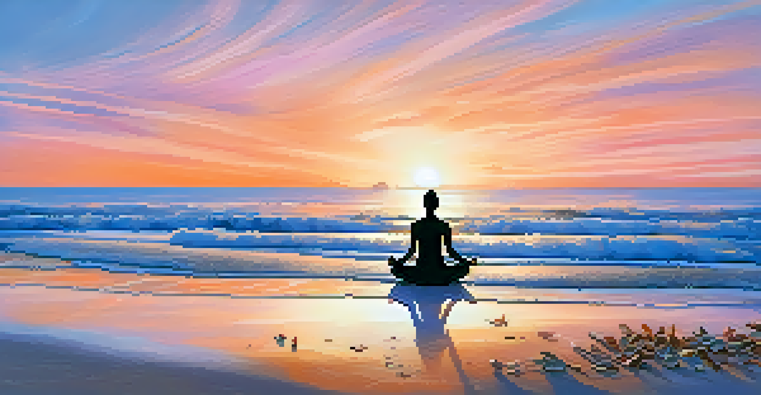 A person practicing yoga on a beach at sunrise, with waves and a colorful sky in the background.