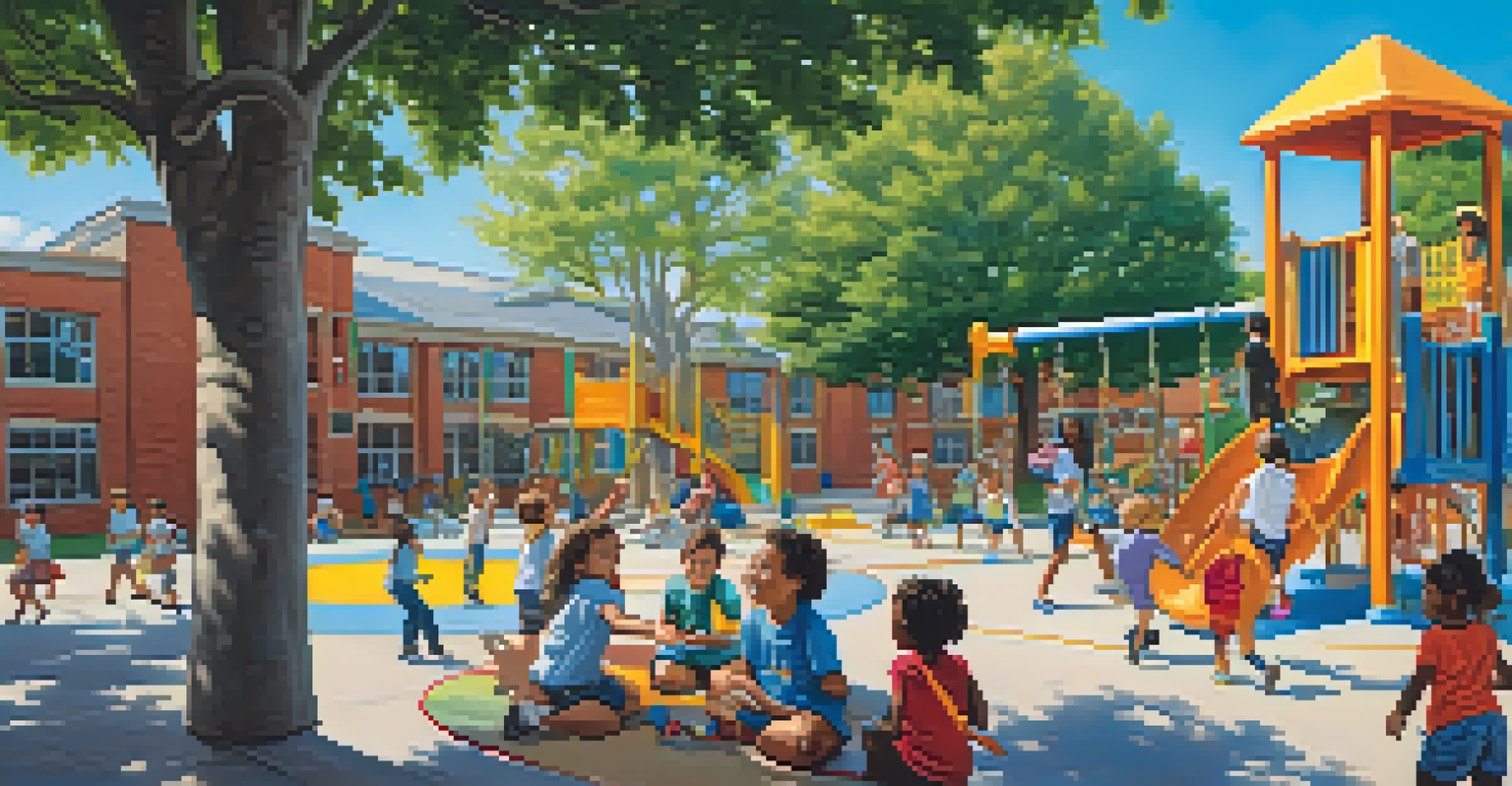 Children of diverse backgrounds playing and laughing together in a colorful schoolyard, promoting kindness and empathy.