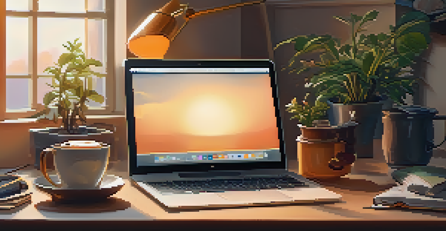 A cluttered desk with a laptop, coffee cup, stress-relief items, and plants, showcasing a cozy workspace.