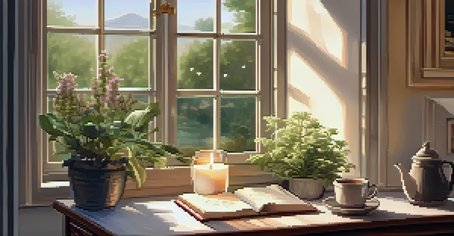 A person journaling in a cozy indoor space with a view of a garden, candles, and a cup of tea, exuding tranquility.