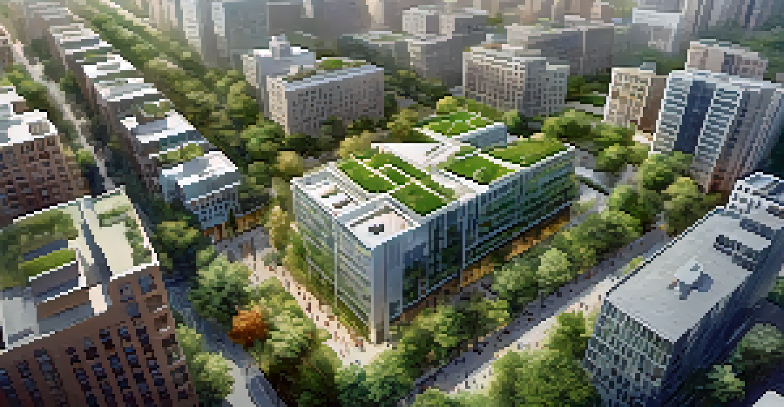 An aerial view of a city with integrated green spaces, including parks and community gardens, amidst urban buildings.