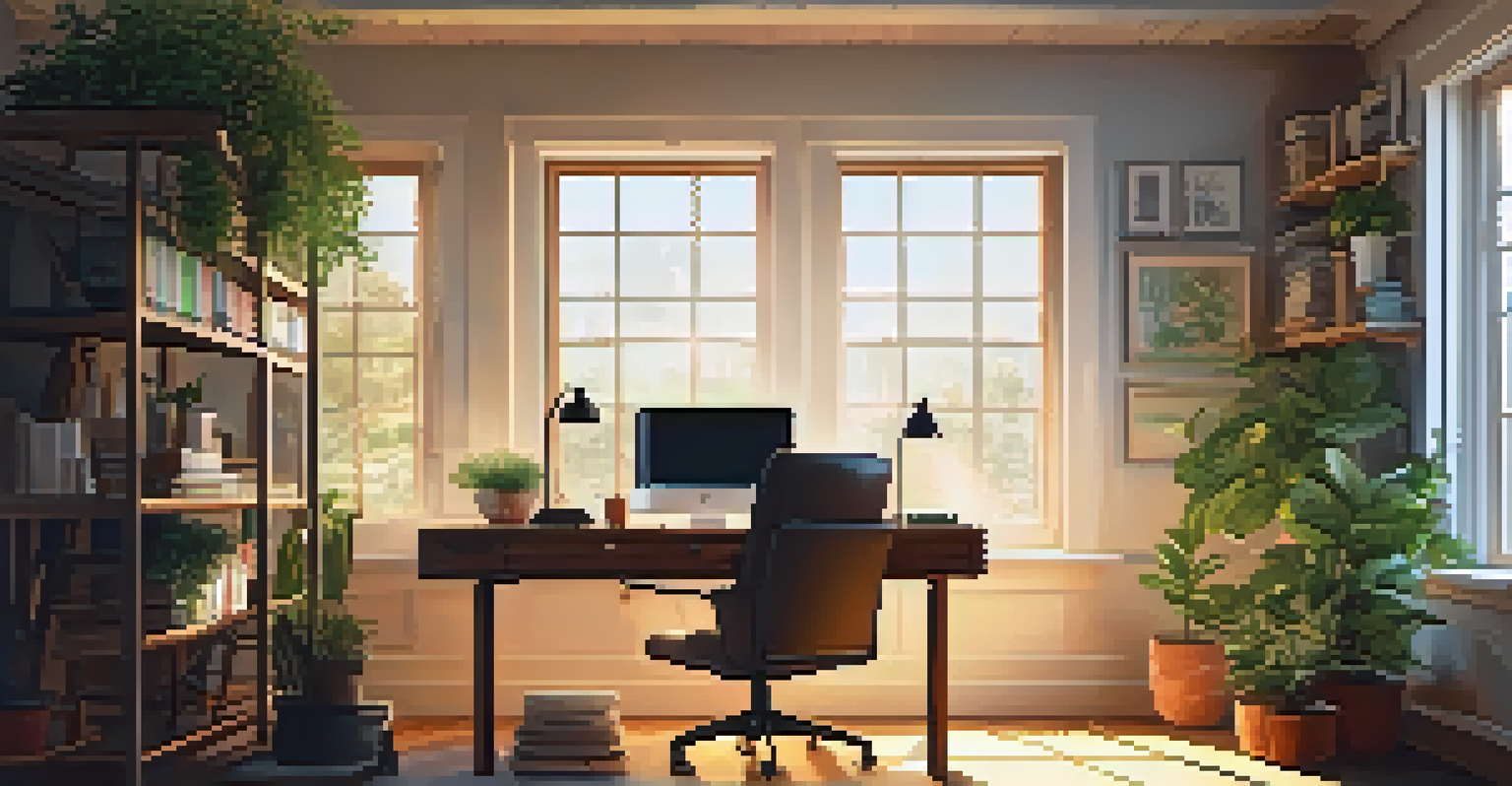 A cozy home office with a laptop, tea, and plants, illuminated by sunlight from a large window.
