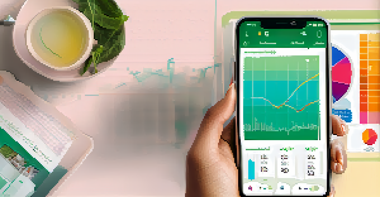 A close-up of a smartphone with a reproductive health app open, featuring colorful charts and a cup of tea beside it.