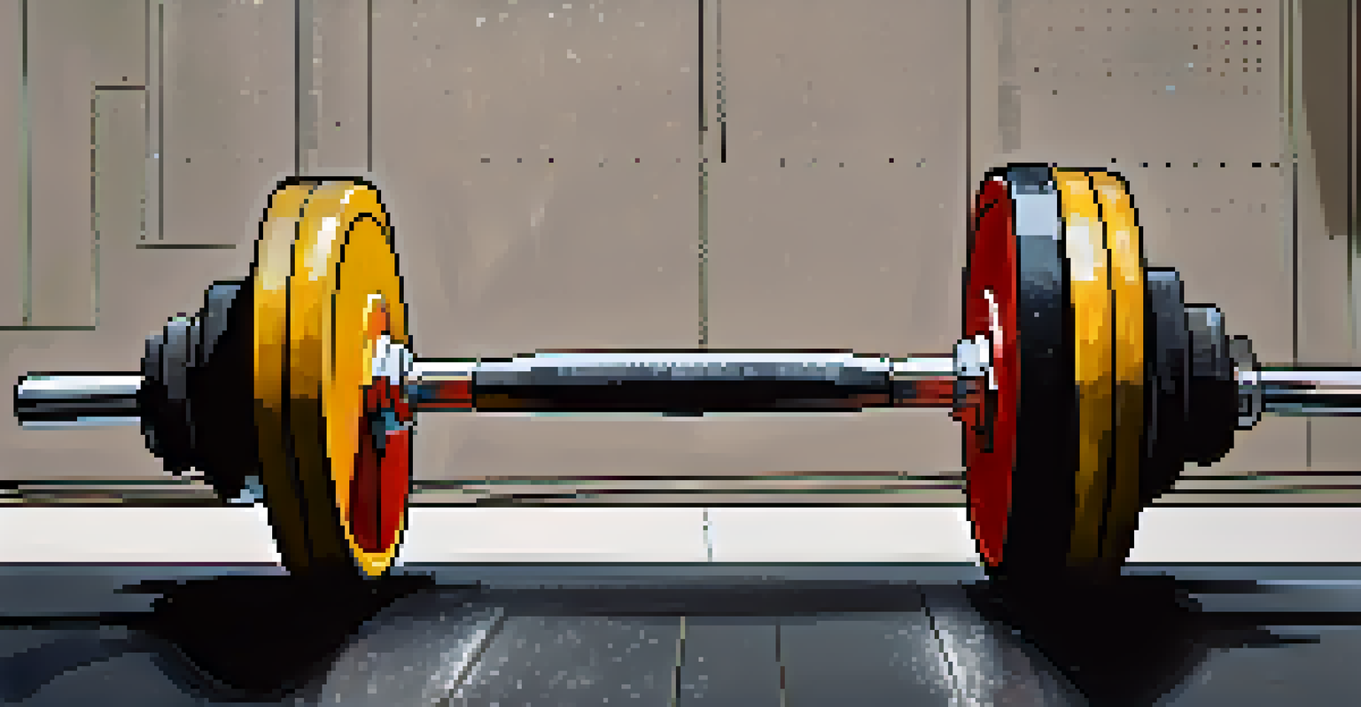 A close-up of a weightlifting bar with plates on rubber gym flooring, glistening under bright lights.