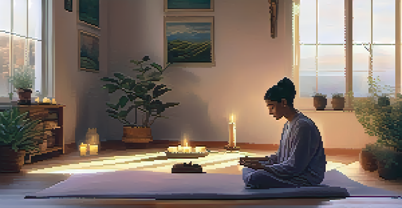 A peaceful meditation space with a person meditating and clary sage oil, illuminated by candlelight.