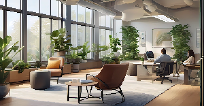 A peaceful office environment with natural light, plants, and employees practicing mindfulness.