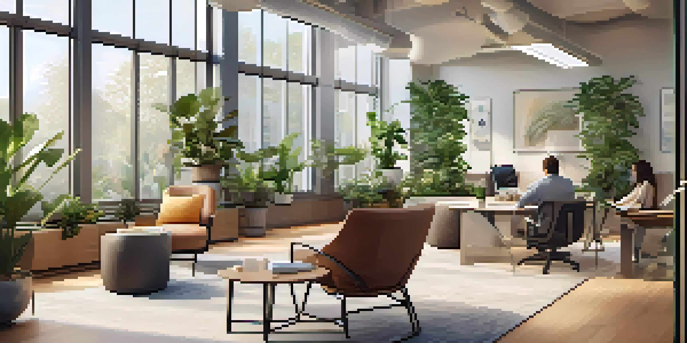 A peaceful office environment with natural light, plants, and employees practicing mindfulness.