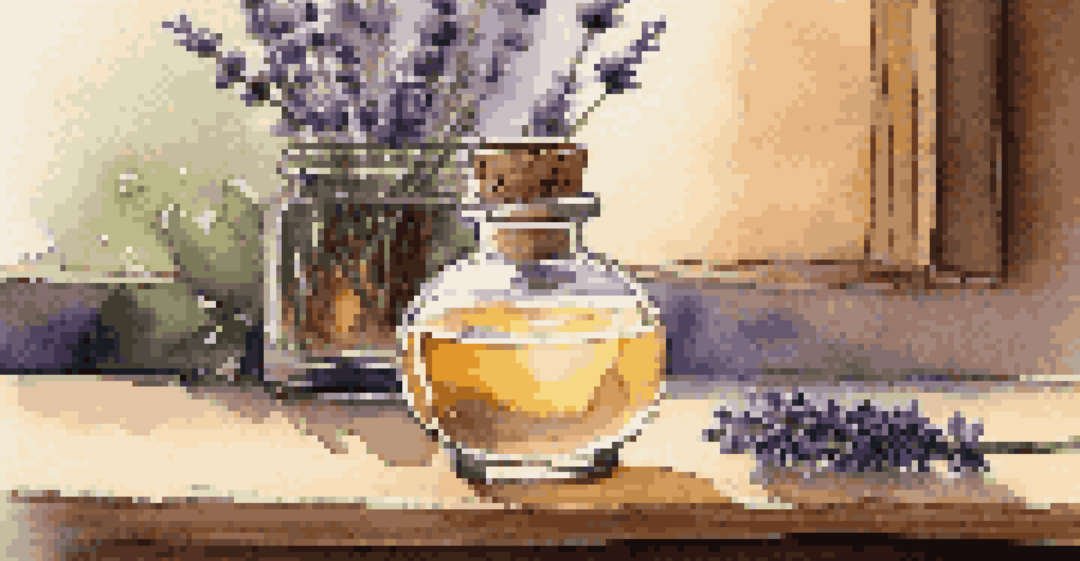An illuminated diffuser on a table with essential oils and lavender, creating a calming and soothing atmosphere.