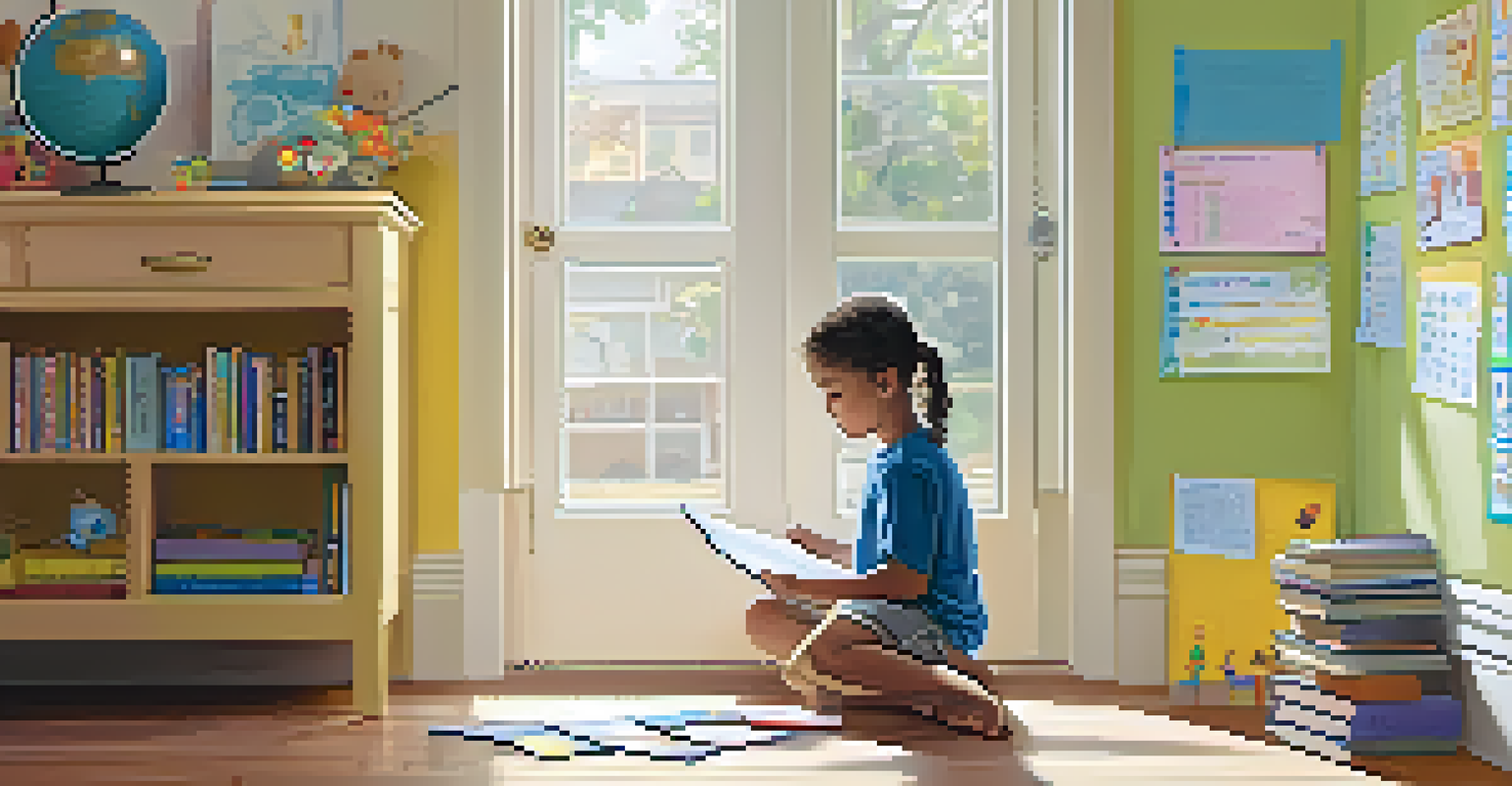 A child creating a goal chart for reading with colorful stickers and books around them.