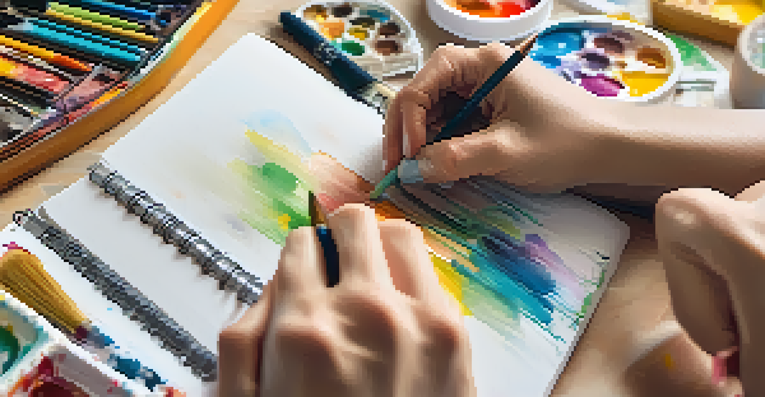 Close-up of hands painting or journaling, surrounded by art supplies and natural light.