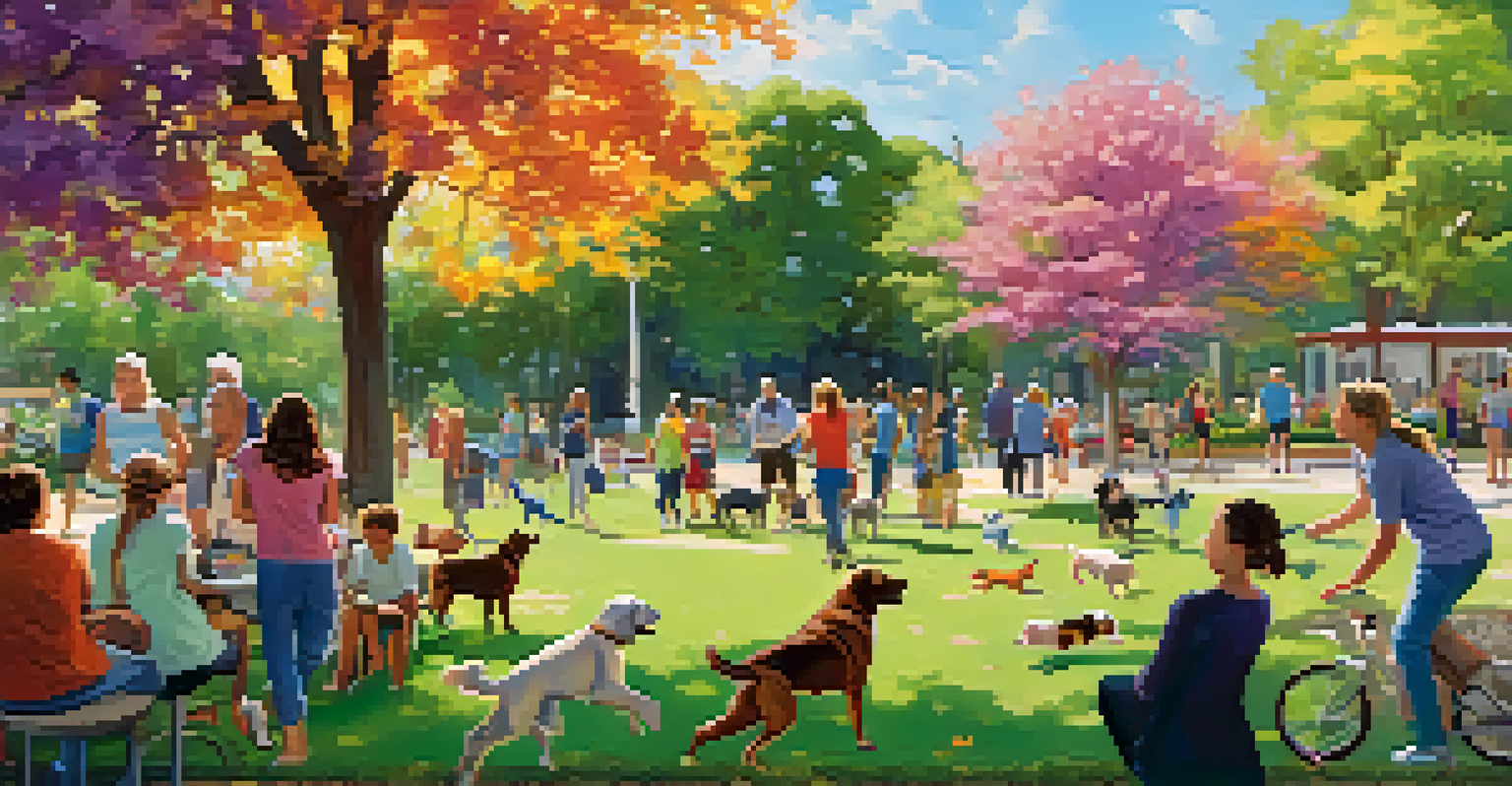 Pet owners socializing in a vibrant community park with dogs playing.