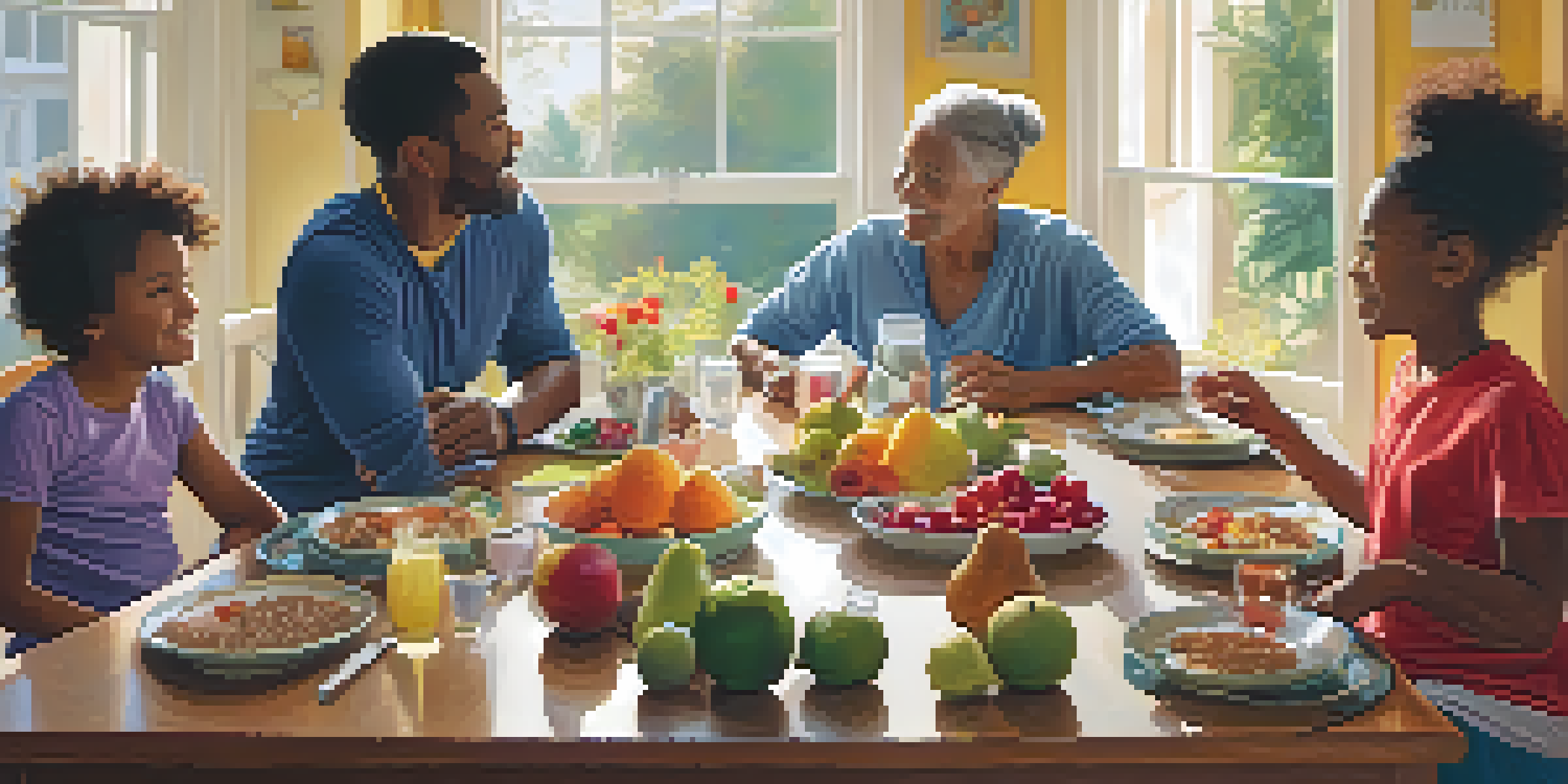A diverse family discussing fitness goals at a table filled with fruits and exercise gear in a bright room.