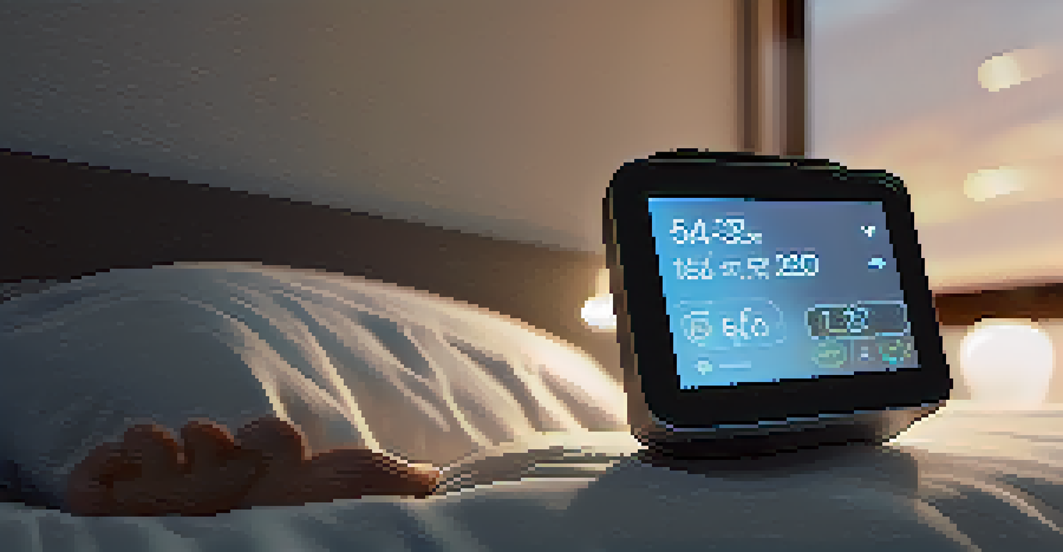 A person in bed checking sleep data on a smartwatch, surrounded by a calm and tech-friendly environment.