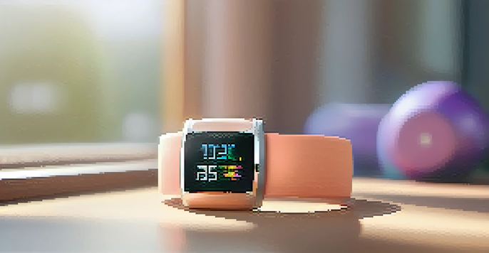A fitness tracker on a wrist showing health metrics in a well-lit home workout space.