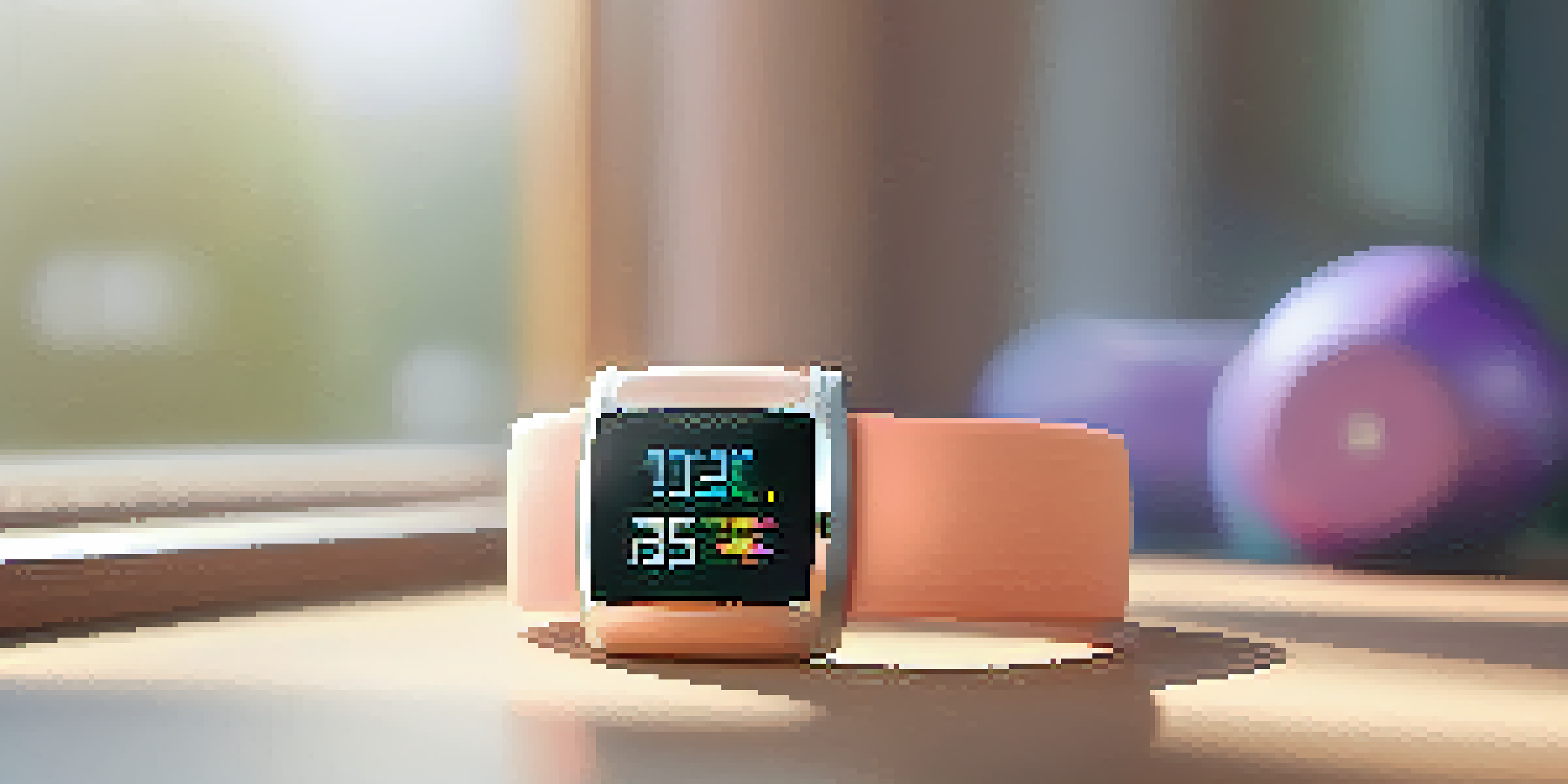 A fitness tracker on a wrist showing health metrics in a well-lit home workout space.