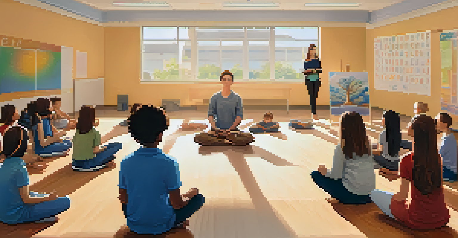 An educator demonstrating mindfulness breathing exercises to students in a bright classroom filled with motivational posters.