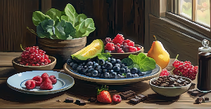 A colorful plate filled with berries, dark chocolate, and leafy greens on a wooden table, illuminated by warm lighting.