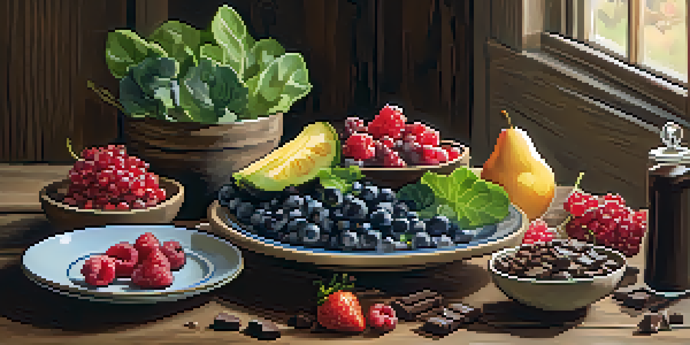 A colorful plate filled with berries, dark chocolate, and leafy greens on a wooden table, illuminated by warm lighting.