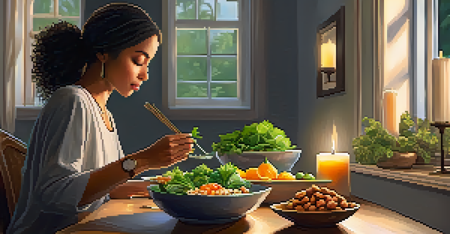 A person enjoying a healthy meal at a dining table, surrounded by soft candlelight.