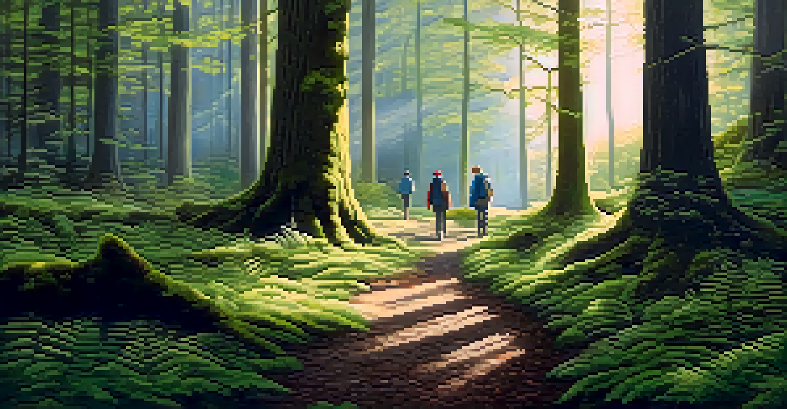 A group of people practicing walking meditation in a lush forest, surrounded by trees and sunlight.
