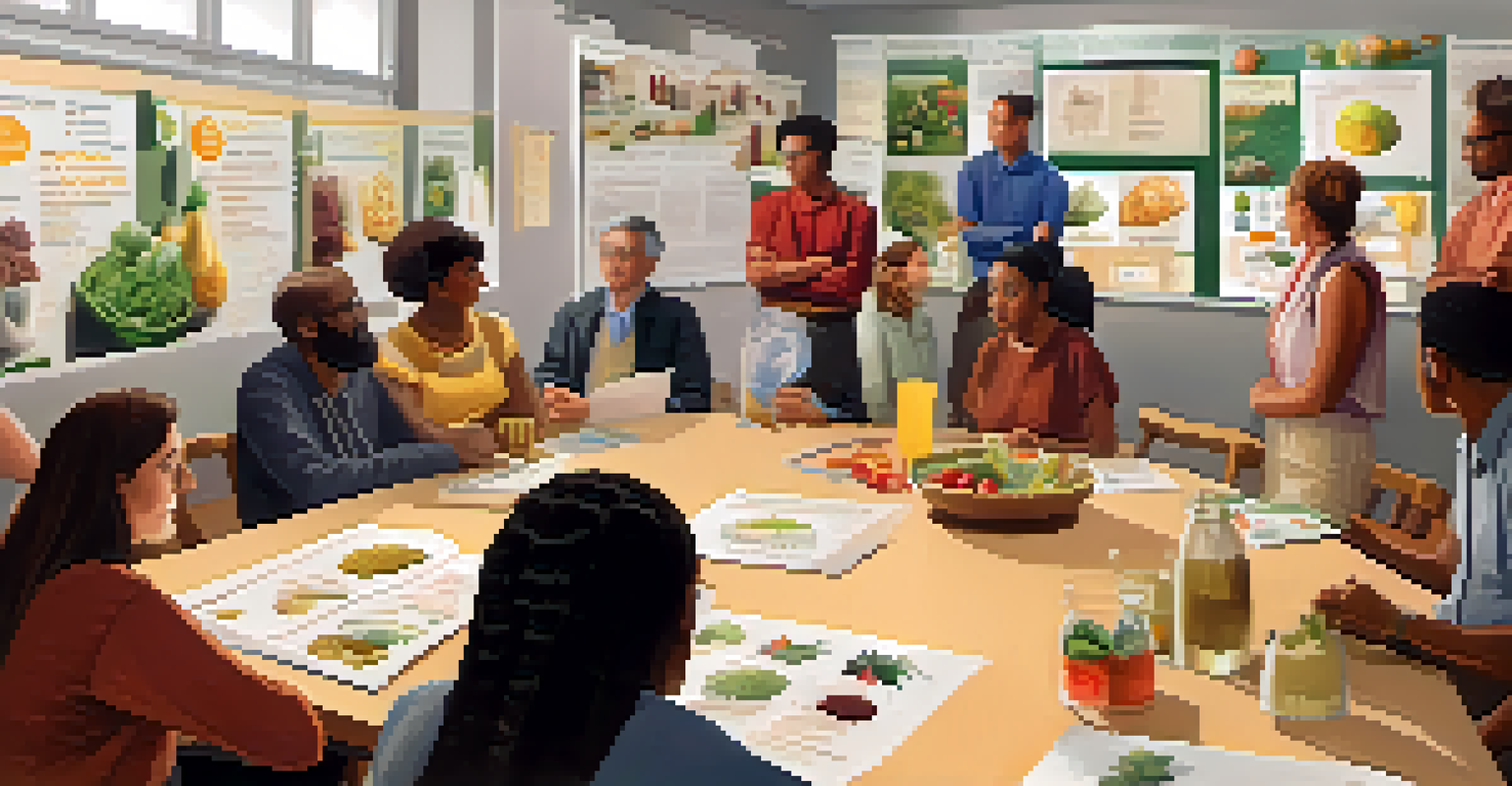 A diverse group of individuals in a workshop setting, learning about food allergies with informative charts in the background.