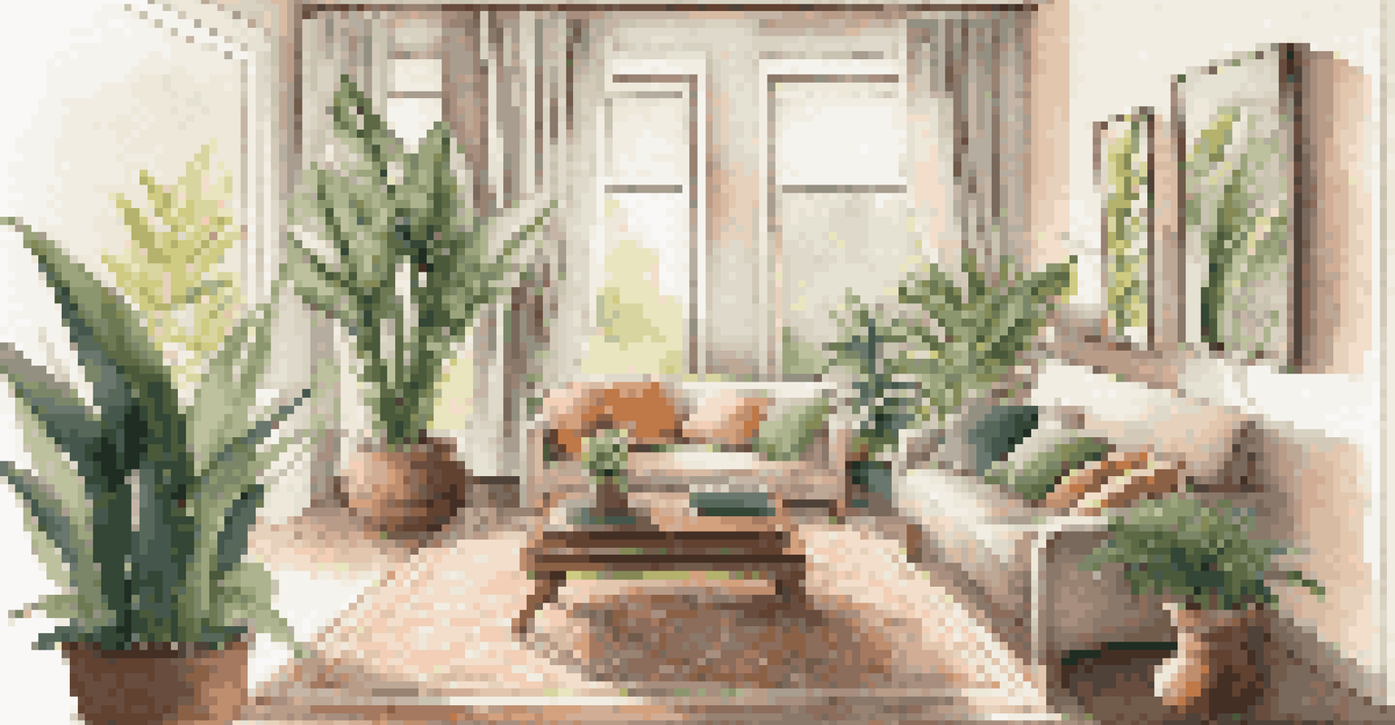 A bright living room with large windows allowing sunlight to flood in. The space includes houseplants, a sofa, and decorative rugs, creating a calm and inviting atmosphere.