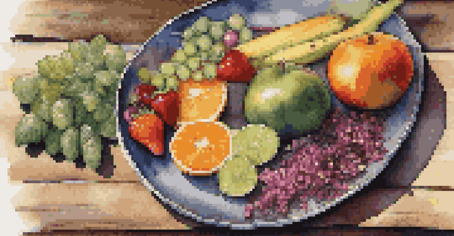 A colorful plate of fresh fruits and vegetables on a rustic wooden table, illuminated by soft natural light.