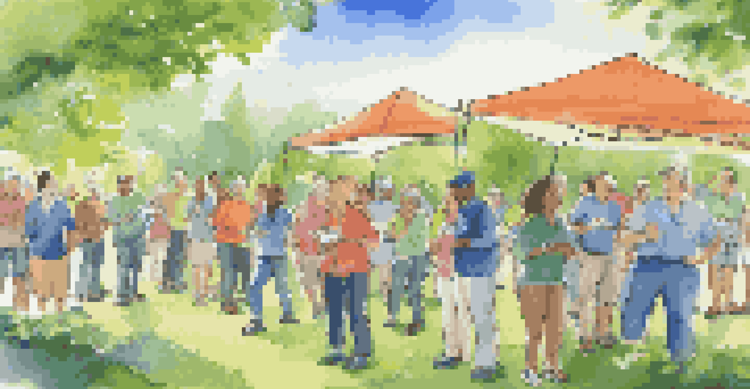 Employees participating in a team-building outdoor event, engaging in a scavenger hunt under clear blue skies.