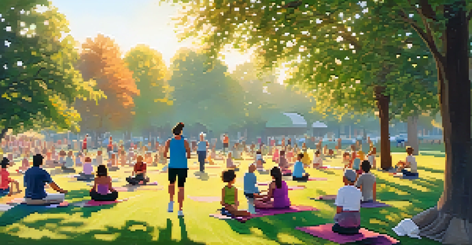 A peaceful park scene with people jogging, doing yoga, and enjoying a healthy picnic under a golden sunrise.