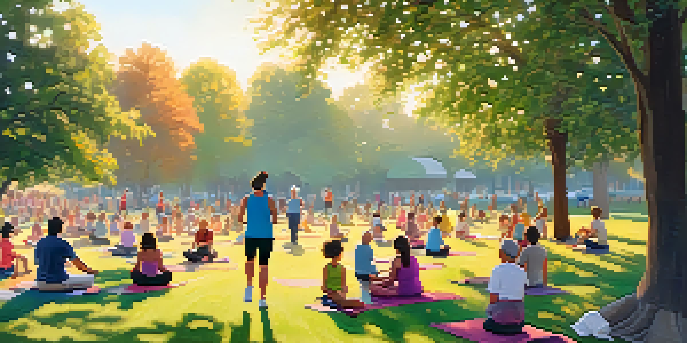 A peaceful park scene with people jogging, doing yoga, and enjoying a healthy picnic under a golden sunrise.